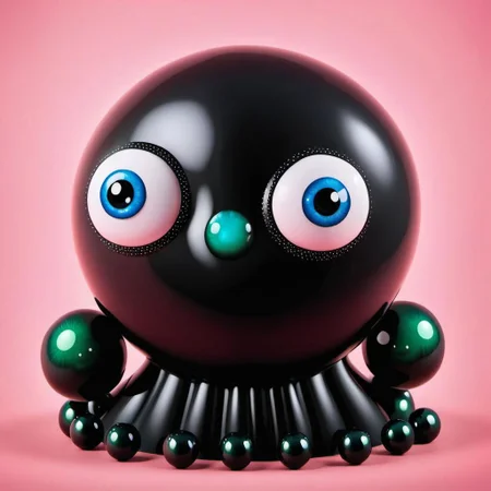 pitch black goo ball with two eyes, realistic cartoon