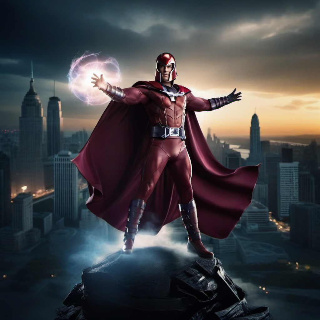 cinematic photo full body man with a helmet and a cape casting a powerfull spell, city background<lora:Magneto1024:0.8> . 35mm photograph, film, bokeh, professional, 4k, highly detailed