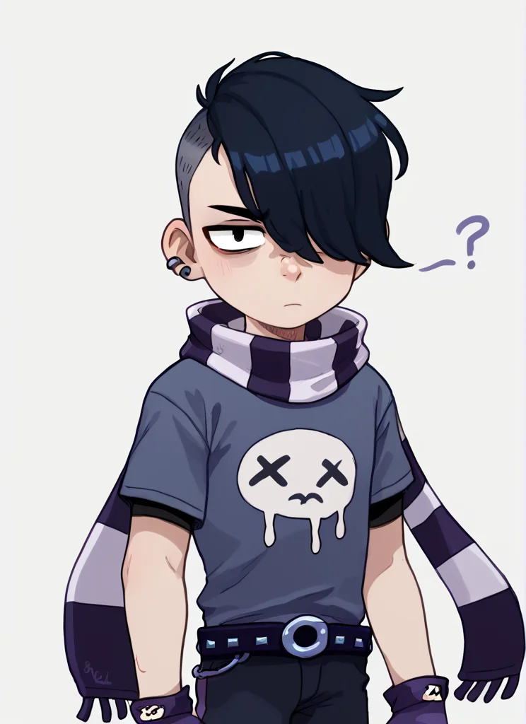 score_9, score_8_up, score_7_up, <lora:bsedgar:1>bsedgar , 1boy , short hair , black hair, hair over one eye, ear piercing, solo,striped scarf grey shirt, short sleeves, belt , black pants ,black gloves, fingerless gloves, black nails, <lora:PossumMachine:1>posmach , confused, looking at viewer, , ??? , simple background,