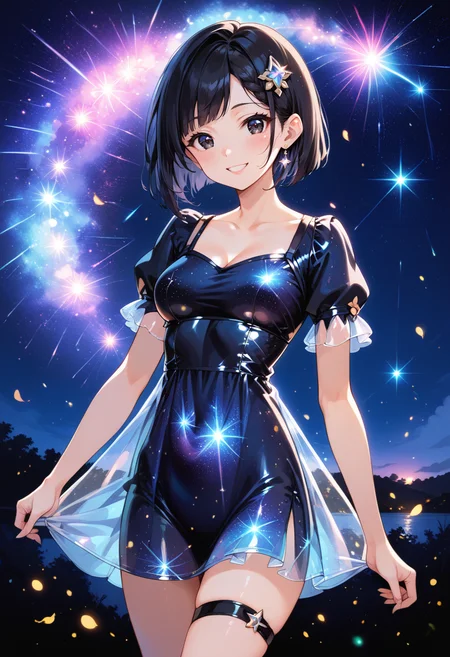 (score_9, score_8_up, score_7_up, masterpiece,source_anime, best quality, perfect anatomy, very aesthetic, ((outlined outlined vector graphics)), source_anime,
1girl,20yo, black hair, black eyes, short bob hair, hair pin,mdeium breast, slender,(white thigh strap:1.1),(black clohtes:1.1),, outdoors, blush, cowboy shot, galaxy, gradient sky, glittering, glimmering, glowing , aetherical, looking at viewer, milky way,starry night, night, night sky, shooting star, sky, skyline, smile, solo, star \(sky\), star \(symbol\), starry background, starry sky, starry sky print,starrynightdress, starry night dress, black dress,,( short sleeve dress:1.2),see-though,
<lora:starry-night-dress-02:1>