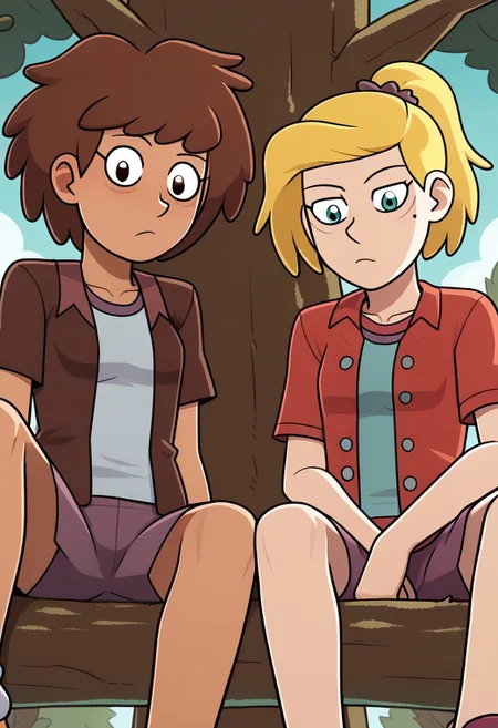 2girls, CHAnneboonchuy, CHSASHAWAYBRIGHT, sitting in a tree, looking down at viewer, sfw