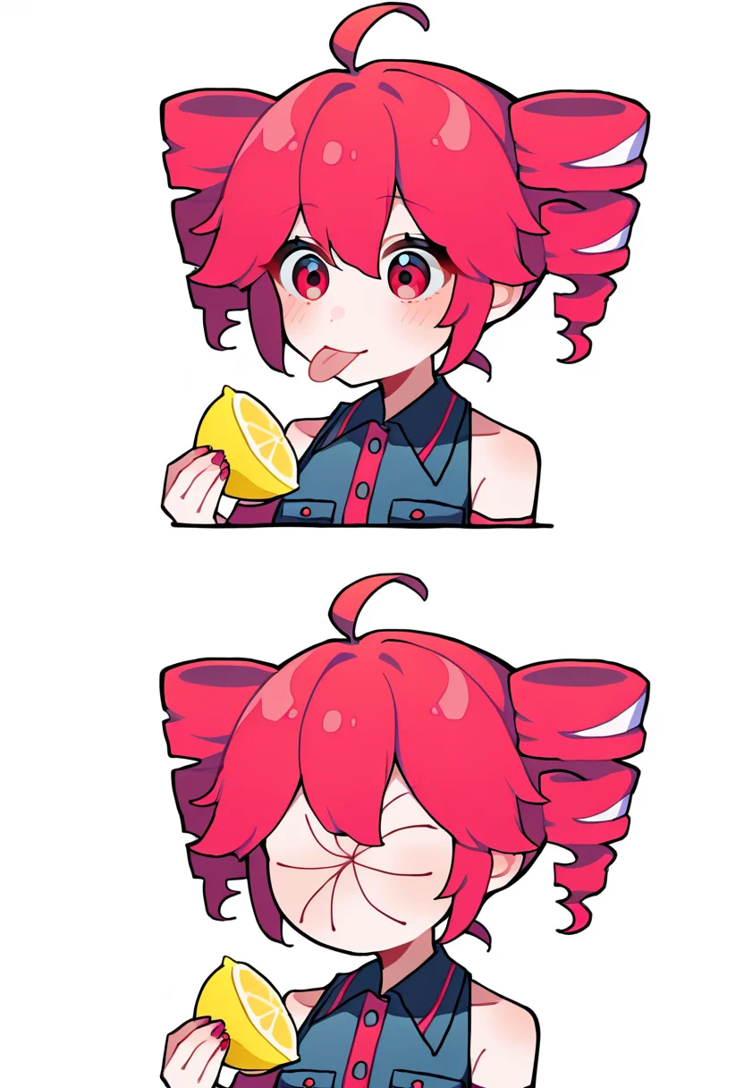 <lora:thour_meme-07-NOOB-EPS-v2:0.4>, thour, 2koma, simple background, white background, 1girl, solo, kasane teto, collared shirt, double-breasted, bare shoulders, red eyes, red hair, drill hair, upper body,
BREAK
1girl, tongue, tongue out, holding, lemon,
BREAK
1girl, puckered face, holding, lemon,