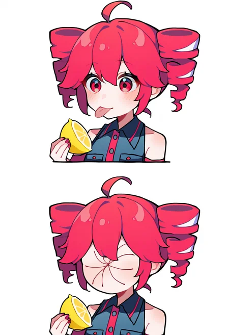 <lora:thour_meme-07-NOOB-EPS-v2:0.4>, thour, 2koma, simple background, white background, 1girl, solo, kasane teto, collared shirt, double-breasted, bare shoulders, red eyes, red hair, drill hair, upper body,
BREAK
1girl, tongue, tongue out, holding, lemon,
BREAK
1girl, puckered face, holding, lemon,