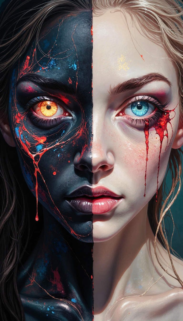 DB4RZ,DB4RZ style painting,a hand-drawn sketch and watercolor style,opalescent inlay,DIGITAL PAINTING,FLUORESCENT, GLOW, An extremely close-up portrait, bisected perfectly down the middle, depicting the tenebrous duality of a female visage. The left half, rendered in stygian hues, with a single, malevolent, fulgent orange eye, exudes a sinister aura.  Contrasting starkly, the right half, ethereally fair with cerulean blue eyes, evokes an air of vulnerable innocence. Crimson droplets, like macabre teardrops, cascade down both sides, congealing at the corner of her carmine-painted lips, frozen in an enigmatic expression. The meticulous chiaroscuro emphasizes the stark dichotomy, her features sharply defined against a blurred background. The composition exudes a palpable tension, a macabre ballet between darkness and light, beauty and monstrosity.