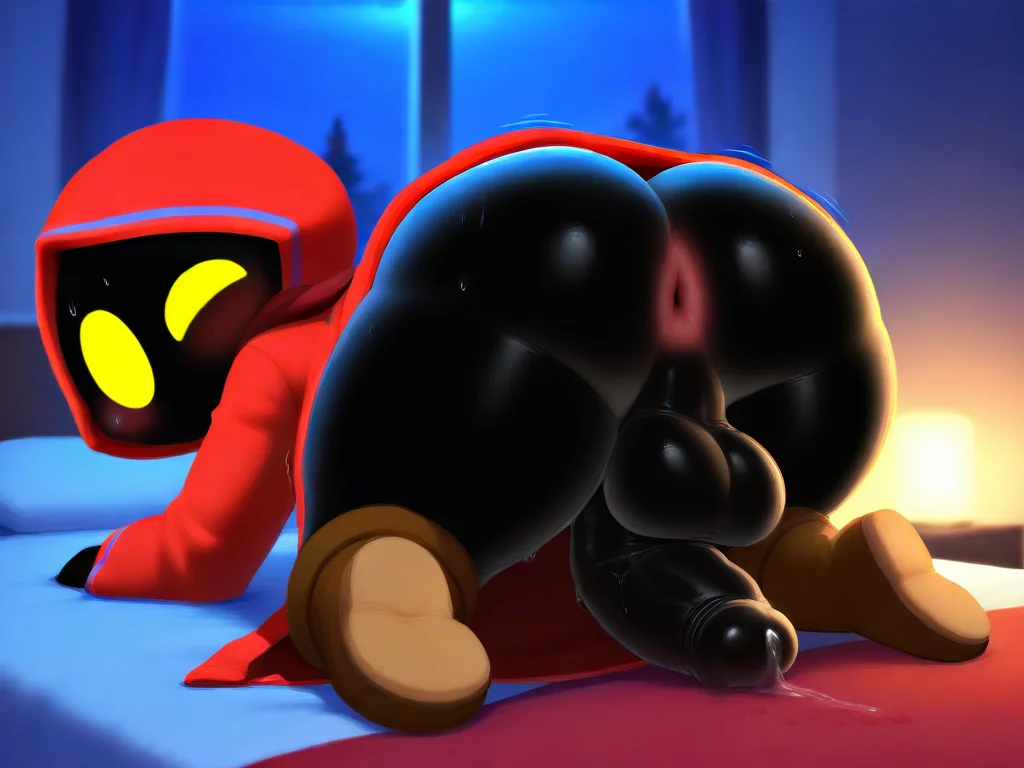 masterpiece, best quality, <lora:MageLeo:1> mageleo, black body, full body, solo, red cloak, yellow eyes, hood up, red hood, one eye closed, bedroom, night, erection, balls, looking back, rear view, ass, perineum, sweat, steamy, precum, blush, throbbing