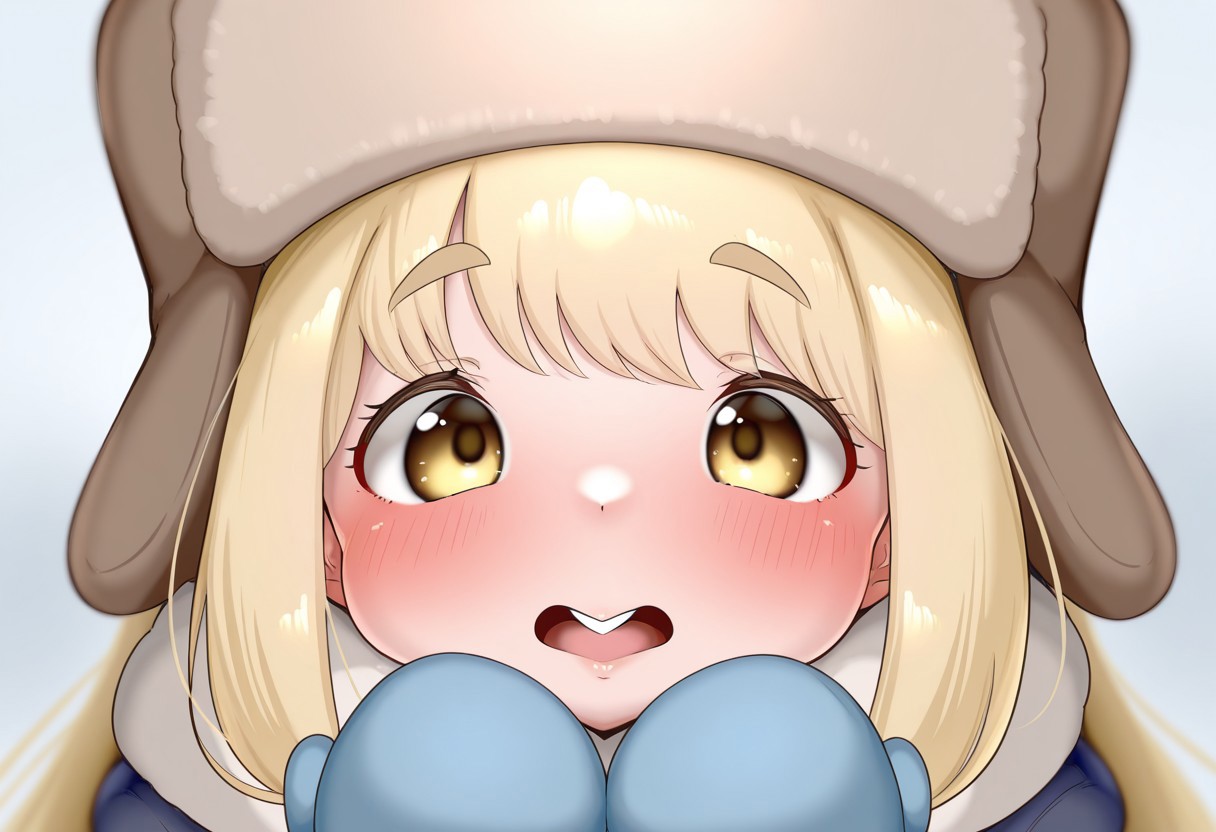 hyuuman, digital illustration, charact portrait, depth of field, pastel coloring/(medium/), blonde hair, very long hair, blushing, face focus, buck teeth, looking at viewer, ushanka, mittens, winter coat