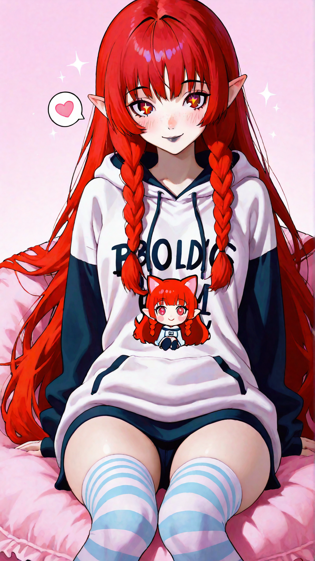 kurumivamp, ultra cute anime girl, chibi style with detailed rendering, big sparkling red eyes, long red hair with cute side braids, small shy smile, soft blush, sitting on a giant fluffy pillow, holding a cardboard sign with "buzz" written on it in big bold handwritten letters, sign placed in front of her lap, oversized hoodie with cat ears, striped thigh-high socks, soft pastel background with sparkles and heart icons, floating emojis around her, extremely kawaii, meme energy, illustration-focused, centered composition, clean cel shading, vibrant anime colors, 1080x1920 vertical framing


