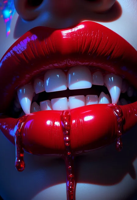 A stunningly close-up image of blood-red lips, with sharp, ivory-white fangs just barely visible. The lips are coated in a glossy sheen that reflects flashes of neon green and electric red as if they are dripping with liquid fire. Tiny rivulets of glowing, purple-tinted blood trickle from the corners of the mouth, forming intricate, swirling patterns as they fall. The skin around the lips is a flawless, icy pale, but glowing with hints of fluorescent blue veins. Behind the lips, there’s a hint of an eerie, multicolored aurora-like light, creating a contrast between the glowing, radiant colors and the dark, dangerous sensuality of the fangs.
