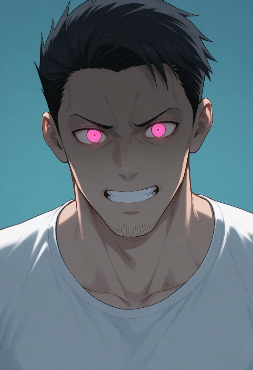 masterpiece,best quality,amazing quality,fujio uzaki,1boy,male focus,solo,shirt,portrait,teeth,(glowing:1.2),(glowing eyes:1.2),white t-shirt,<lora:SakuraiShinichi_V2_noob-000010:1>,