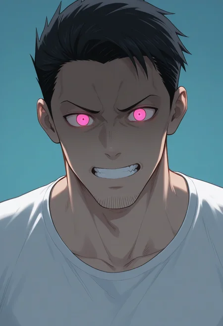 masterpiece,best quality,amazing quality,fujio uzaki,1boy,male focus,solo,shirt,portrait,teeth,(glowing:1.2),(glowing eyes:1.2),white t-shirt,<lora:SakuraiShinichi_V2_noob-000010:1>,