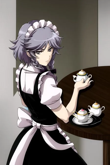 izayoi sakuya, 1girl, apron, balcony, black dress, braid, chair, cup, dress, grey eyes, grey hair, hair ribbon, looking back, maid, ribbon, saucer, solo, table, tea set, teacup, teapot, tray, twin braids, 
masterpiece, best quality, very aesthetic, absurdres, pixiv, anime coloring