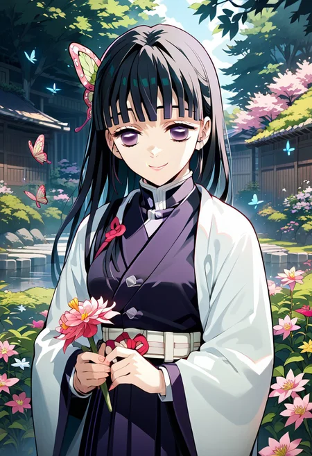 score_9,score_8_up,score_7_up,source_anime, tsuyuri kanao,1girl,solo,long hair,smile,long sleeves,holding,flower,japanese clothes,bug,butterfly,holding flower,demon slayer uniform,