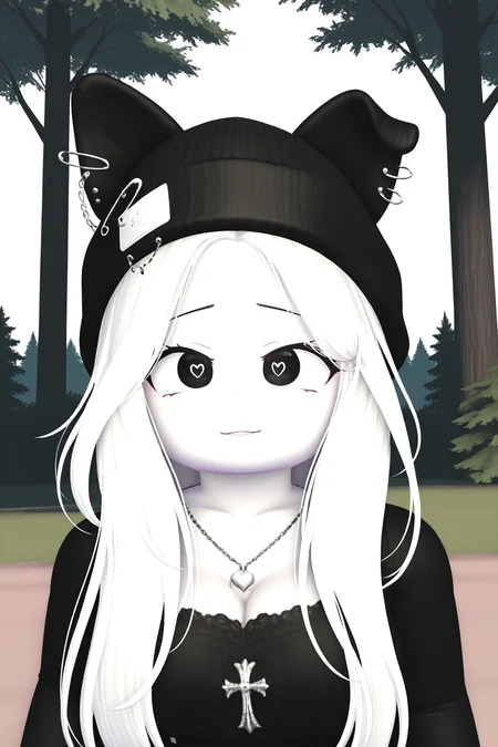 masterpiece,best quality,amazing quality, BREAK, TheBrayanVTOCILXL, white skin, colored skin, black eyes, heart-shaped pupils, white hair, long hair, parted bangs, black beanie, animal ears, black ears, ears through headwear, ear piercing, large breasts, necklace, black shirts, long sleeves, solo, front view, (portrait, upper body), solo focus, seductive smile, looking at viewer, forest, tree <lora:TheBrayanVTOCILXL:1>