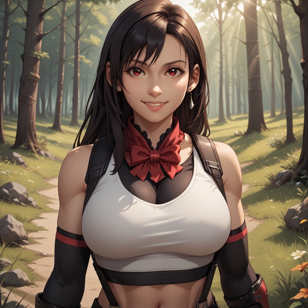 score_9, score_8, BREAK, solo, tifa lockhart, red eyes, long hair, crop top, suspenders, white tank top, suspender black skirt, elbow gloves, midriff, fingerless gloves, navel, bare shoulders,black thighhighs, red footwear, sexy pose, self portrait, smile, looking at viewer, outdoors, sunlight, shadows, evening lighting, natural lighting, forest, trees, grass, orange sky, sunset