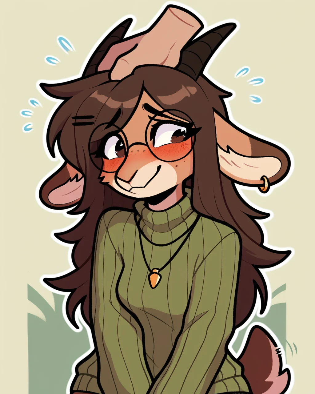score_9_up, score_8_up, score_7_up, score_6_up, half-length portrait, by remanedur, furry, blush, female, furry female, round glasses, green sweater, sleeves past fingers, sleeves past wrists, goat, horns, nervous, hairclip, brown hair, freckles, medium breasts, necklace, brown eyes, ear piercing, shorts, leg warmers, female, ring, long hair, tail, cloven hooves, solo, smile, happy, petting, petting head, head pat, white disembodied hand, white humanoid hand, head tilt, three-quarter view, head tilt, tail, simple background, white outline, <lora:Leah_Pines(AIM)_XL_v1:0.15> <lora:PDXL_artist_tags_v2_big:0.5> <lora:The-Minuscule-Task_PDXL_v1.0:0.6> <lora:Kiko_Jayrnski:0.7>