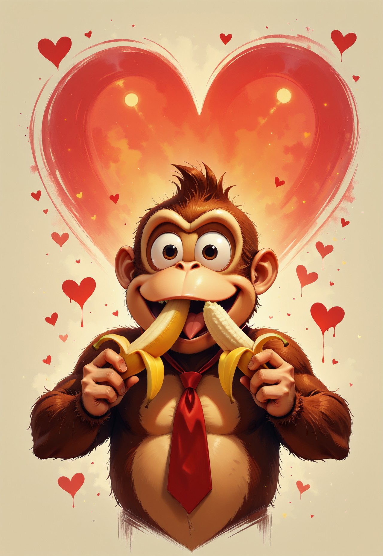 <lora:KFT_Romance_Style_Illustrious:1.8> kftlove, absurdres, highly-detailed, best quality, masterpiece, realism, very aesthetic, 1boy, Donkey Kong, red tie, solo, eating banana, heart
