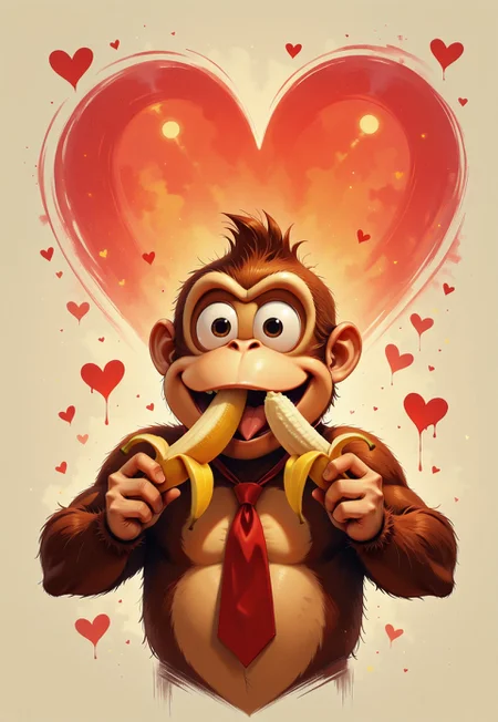 <lora:KFT_Romance_Style_Illustrious:1.8> kftlove, absurdres, highly-detailed, best quality, masterpiece, realism, very aesthetic, 1boy, Donkey Kong, red tie, solo, eating banana, heart