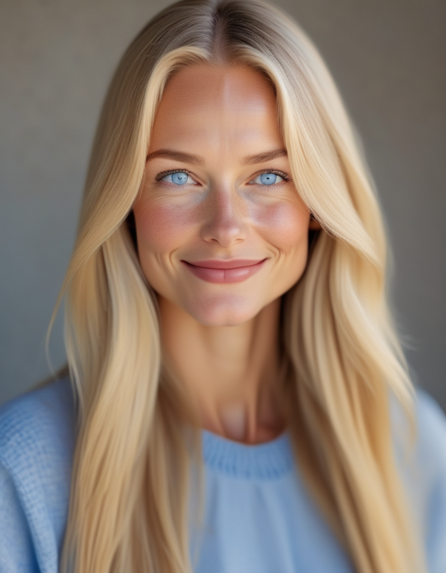 A gentle image of a woman with long, straight blonde hair, her round face soft and serene, her blue eyes filled with kindness, her lips curved in a gentle smile, exuding warmth and compassion. <lora:usual-portrait-v2:1>