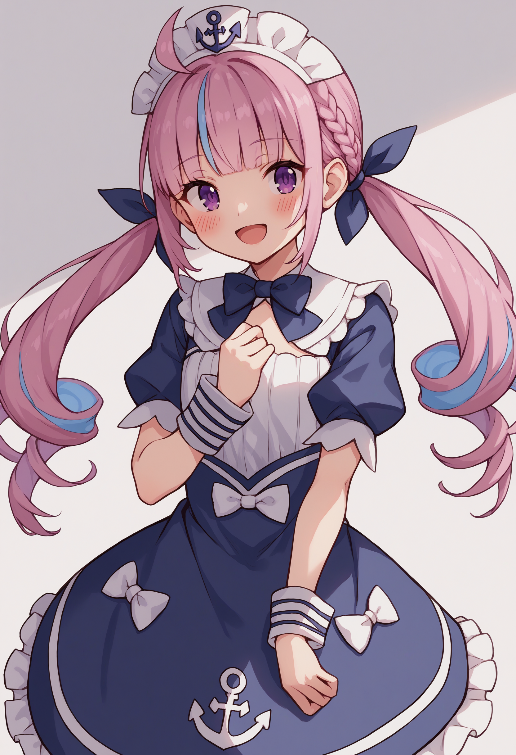 score_9, score_8_up, score_7_up, source_anime, mimaid, purple eyes, blue hair, pink hair, purple hair, ahoge, bangs, blunt bangs, braid, french braid, twintails, low twintails, drill hair, streaked hair, colored inner hair, long hair, ribbon, hair ribbon, blue ribbon, maid headdress, anchor symbol, bowtie, dress, blue dress, frills, frilled dress, anchor print, puffy short sleeves, wrist cuffs, bow, white bow, blush, smile, open mouth<lora:MinatoAquaXL-20:1>