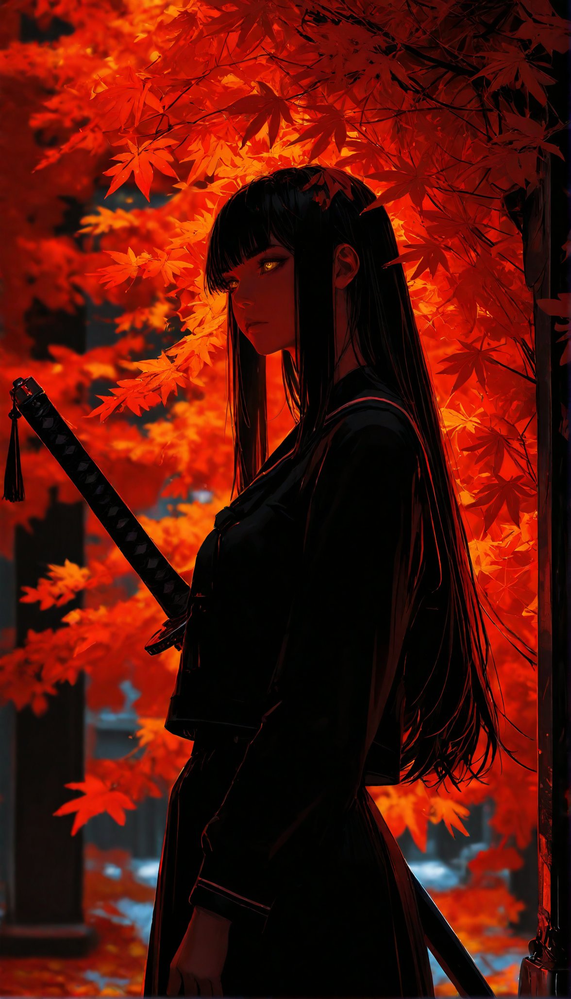 masterpiece, best quality, ultra detailed, amazing quality, very aesthetic, newest, (high res, 8k:1.2)
1girl, solo, Standing, Carrying a Japanese sword
school uniform, black serafuku, long hair, straight hair, Tall, Gold eyes
<lora:illustrious_best_quality_v1:0.5>  <lora:ponyv6_noobV1_2_adamW:0.6>
<lora:illustriousXL_stabilizer_v1.23:0.35>
BREAK
cinematic lighting, blurred background, painting \(medium\)
Autumn leaves, lots of autumn leaves, Red theme
<lora:nhl-001:0.7> nhl-001, limited palette, realistic
<lora:GWZS-IL:0.5> gwzs, detailed drawing
(by GUWEIZ:0.8)
<lyco:FINALE:0.4>