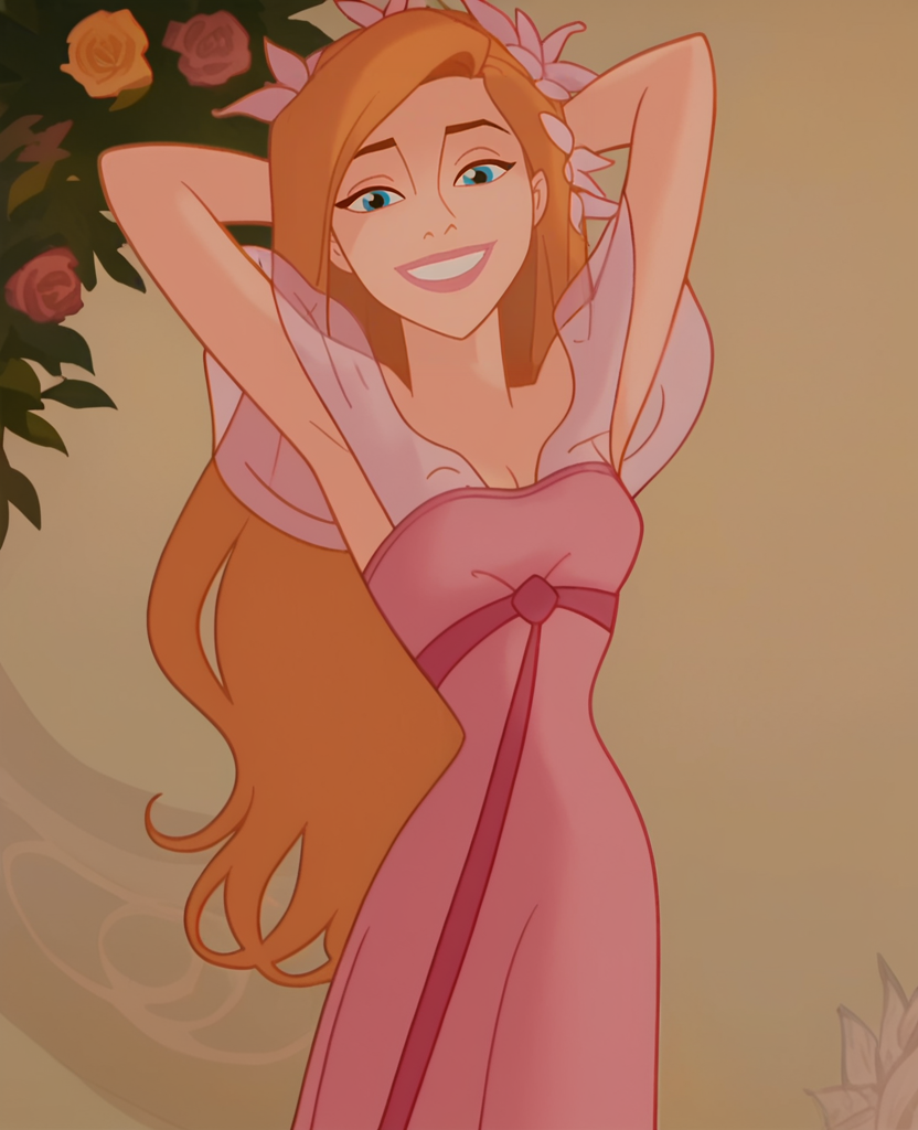 score_9, score_8_up, score_7_up, score_6_up, score_5_up, score_4_up,  screencap, <lora:Giselle_Enchanted-000007:1> , giselle1, 1girl, solo, long hair, blue eyes, dress, orange hair, see-through,  pink dress, hair ornament, off shoulder,looking at viewer, smile, arms behind head, armpits