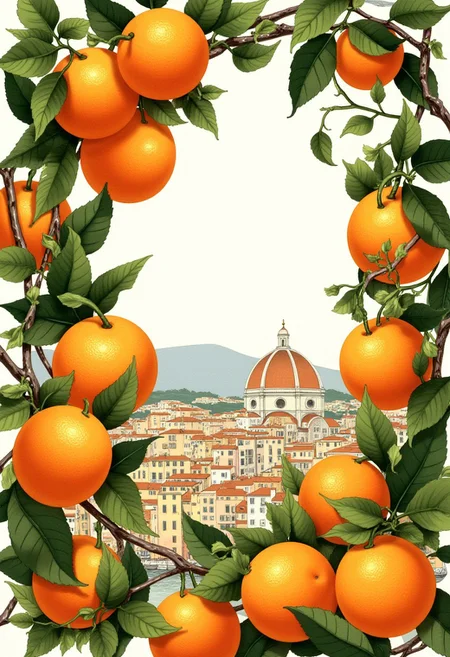 A beautiful image of oranges. The oranges are surrounded by lush green leaves and small branches, and the design is rich in detail, with naturalistic colors and soft, painterly textures. The oranges are bright with hints of natural shading, and the leaves should be a deep, vibrant color. The overall composition should evoke a fresh, botanical feel, with oranges interspersed among the leaves and there is an italian town in the background