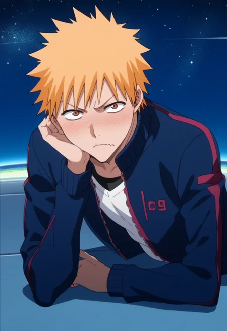 score_9, score_8_up, score_7_up, source_anime, masterpiece, 1boy, ichigo kurosaki, jacket,  , <lora:ichigo_kurosaki_ponyxl:1>, , v-shaped eyebrows,  wavy mouth,  nose blush,  pout,, in a space station, in orbit, scifi , planet,  space, starry sky,, solo , on ground, on side,  looking at viewer, elbow rest,