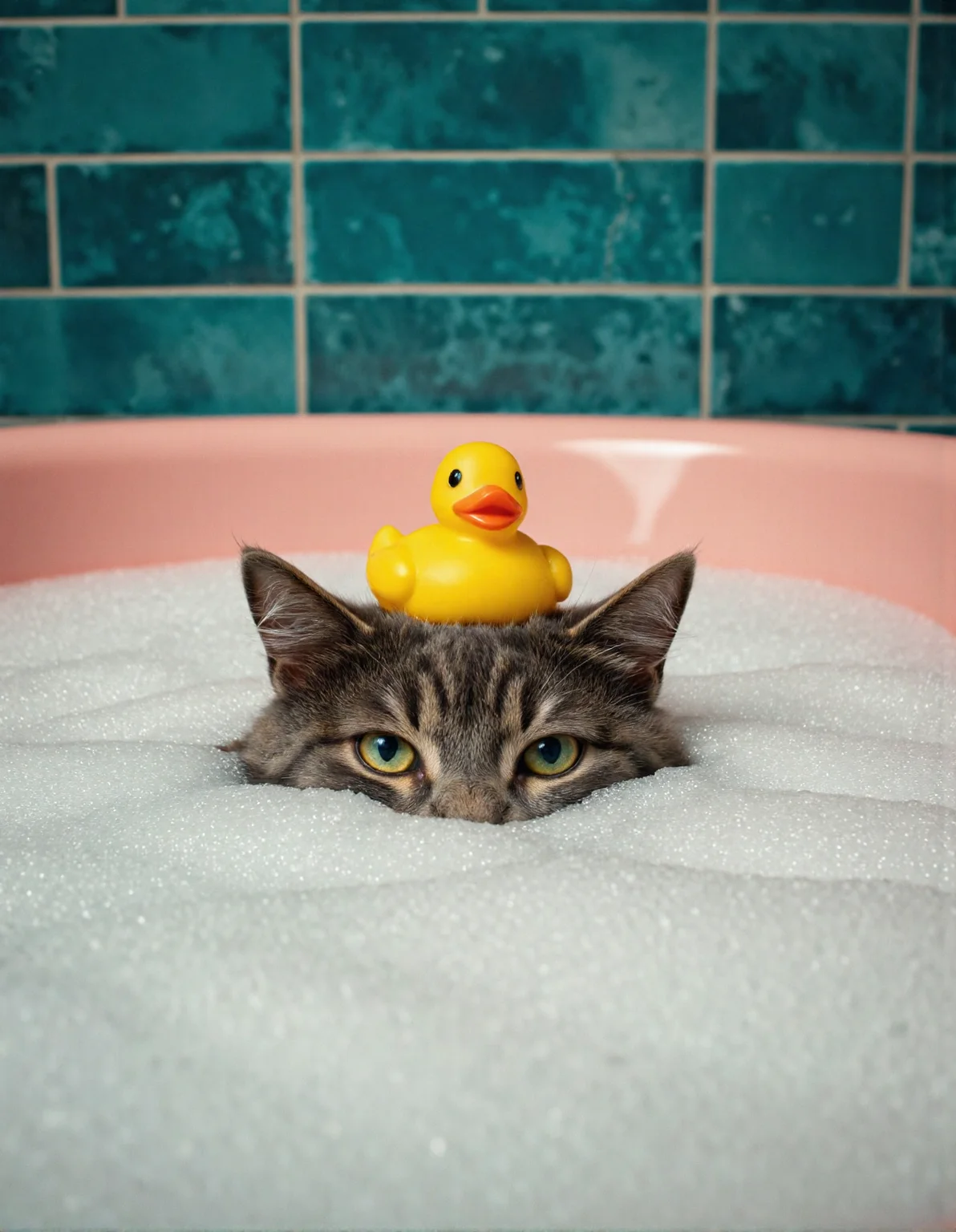 A surreal editorial photograph of a cat submerged in a bubble bath with only its face showing. A bright yellow rubber duck rests perfectly balanced on its head. The image is hyper-stylized, with teal tiles in the background and soft pink edges of the tub. Moody lighting, glossy details, and high fashion energy, as if shot for a quirky designer petwear brand ad campaign.
<lora:texture-art-v1:0.7> <lora:aidmaImageUpraderv0.3:0.2> <lora:flux.1_lora_flyway_Epic-detail_v2:0.2>