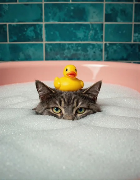 A surreal editorial photograph of a cat submerged in a bubble bath with only its face showing. A bright yellow rubber duck rests perfectly balanced on its head. The image is hyper-stylized, with teal tiles in the background and soft pink edges of the tub. Moody lighting, glossy details, and high fashion energy, as if shot for a quirky designer petwear brand ad campaign.
<lora:texture-art-v1:0.7> <lora:aidmaImageUpraderv0.3:0.2> <lora:flux.1_lora_flyway_Epic-detail_v2:0.2>