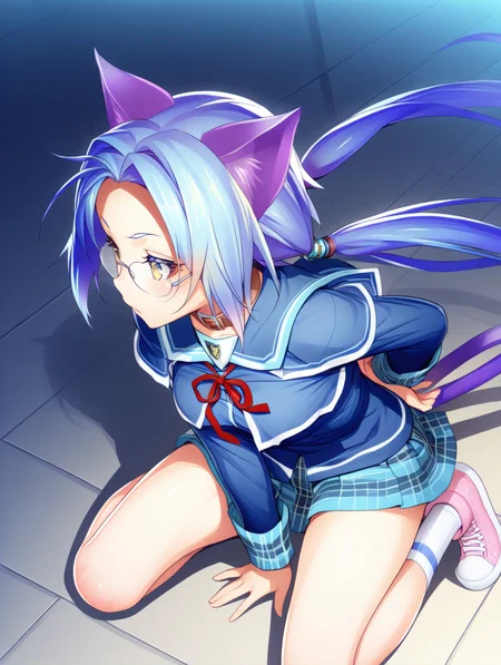 perfect quality,best quality,absolutely eye-catching,ambient occlusion,raytracing BREAK
1girl,<lora:merikuru seisyunn IL v1.1:1>,seisyunn,green eyes,cat ears,blue hair,low twintails,glasses,blue school uniform,pleated skirt,plaid skirt,neck belt,miniskirt,socks,pink shoes,cat tail,long sleeves,, from above, looking away,profile,leaning_forward,paw_pose,arm_behind_back,hand_between_legs,