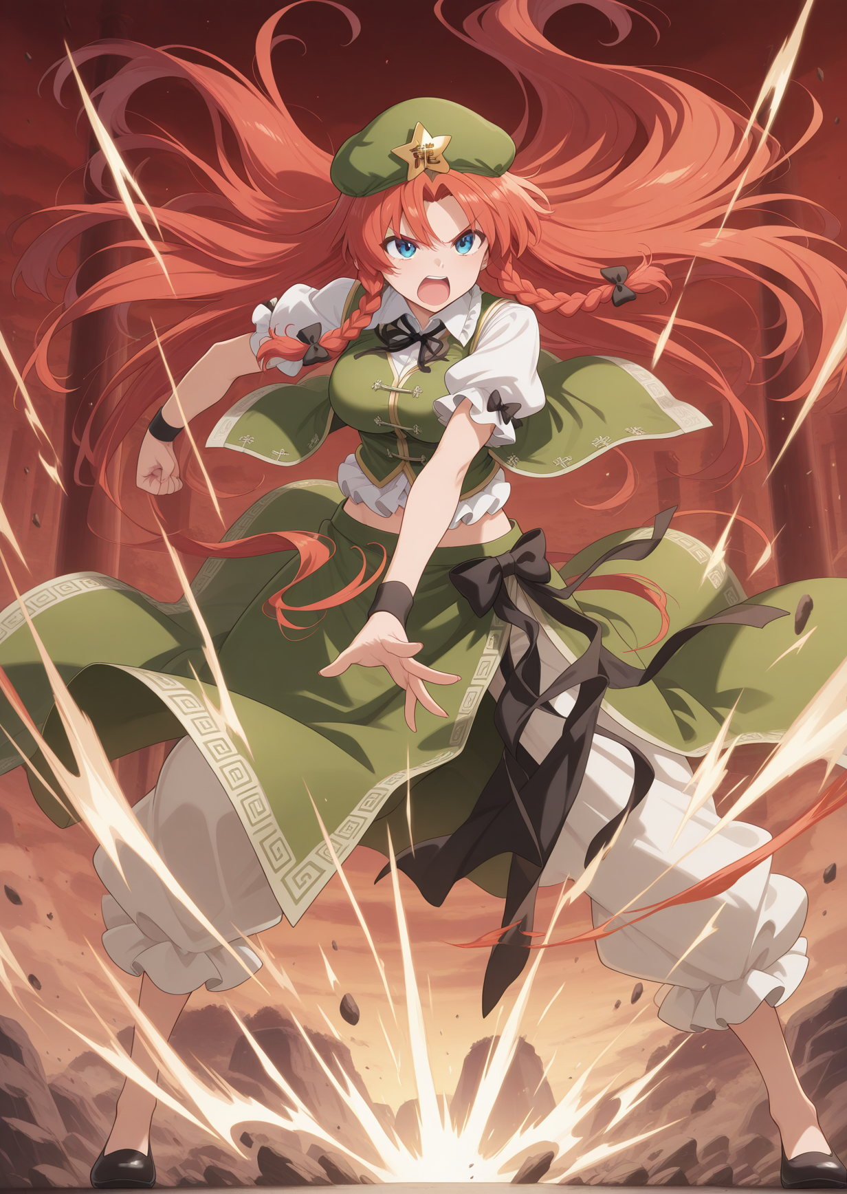 absurdres, highres, masterpiece, best quality, amazing quality, official anime artwork, screencap, anime screencap,
<lora:Hong-Meiling_Illustrious:1> hong meiling, 1girl, solo, twin braids, skinny, medium large breasts,, hair bow, green hat, beret, star hat ornament, white shirt, green vest, puffy short sleeves, green skirt,
rocks, impact, dynamic pose, serious, fighting stance, open mouth, shouting,