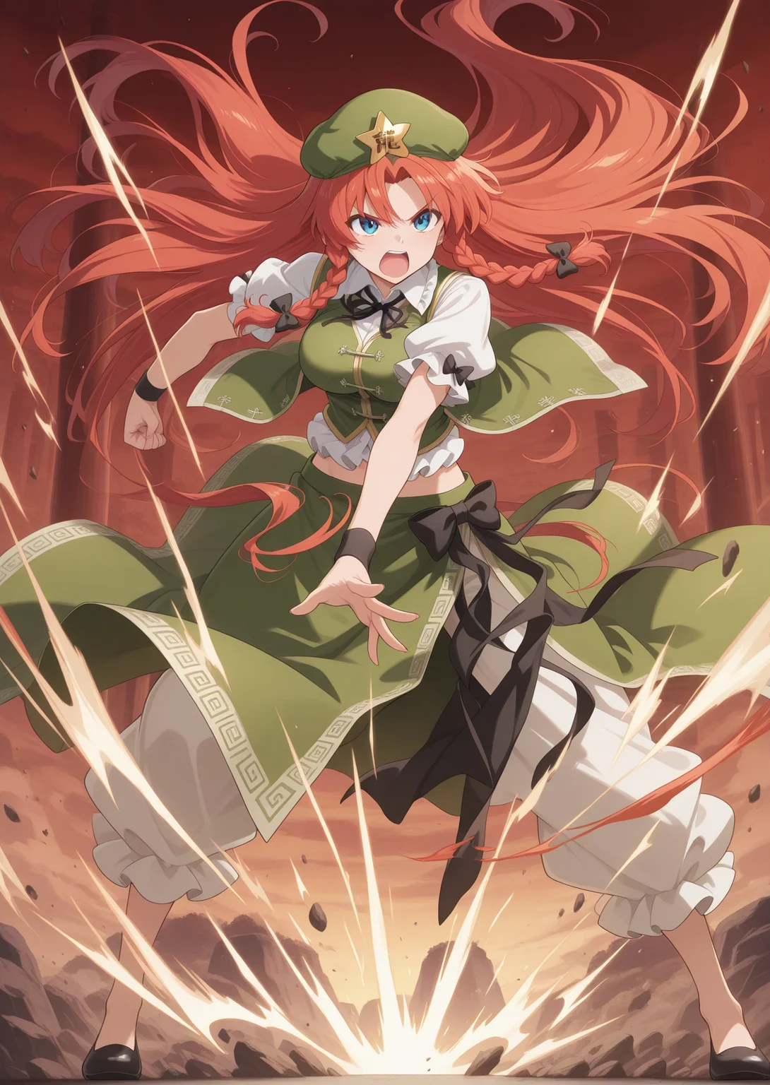 absurdres, highres, masterpiece, best quality, amazing quality, official anime artwork, screencap, anime screencap,
<lora:Hong-Meiling_Illustrious:1> hong meiling, 1girl, solo, twin braids, skinny, medium large breasts,, hair bow, green hat, beret, star hat ornament, white shirt, green vest, puffy short sleeves, green skirt,
rocks, impact, dynamic pose, serious, fighting stance, open mouth, shouting,