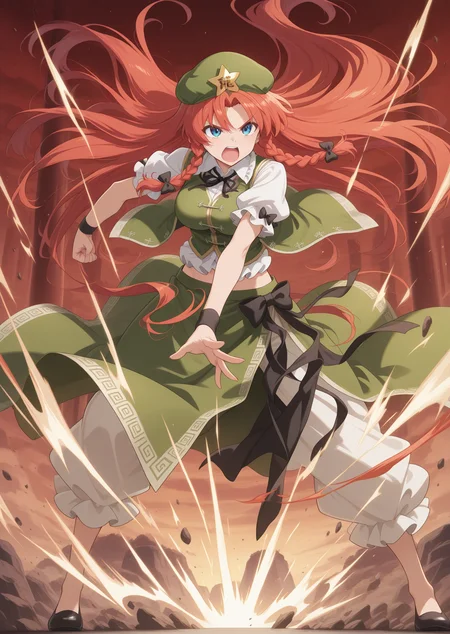 absurdres, highres, masterpiece, best quality, amazing quality, official anime artwork, screencap, anime screencap,
<lora:Hong-Meiling_Illustrious:1> hong meiling, 1girl, solo, twin braids, skinny, medium large breasts,, hair bow, green hat, beret, star hat ornament, white shirt, green vest, puffy short sleeves, green skirt,
rocks, impact, dynamic pose, serious, fighting stance, open mouth, shouting,