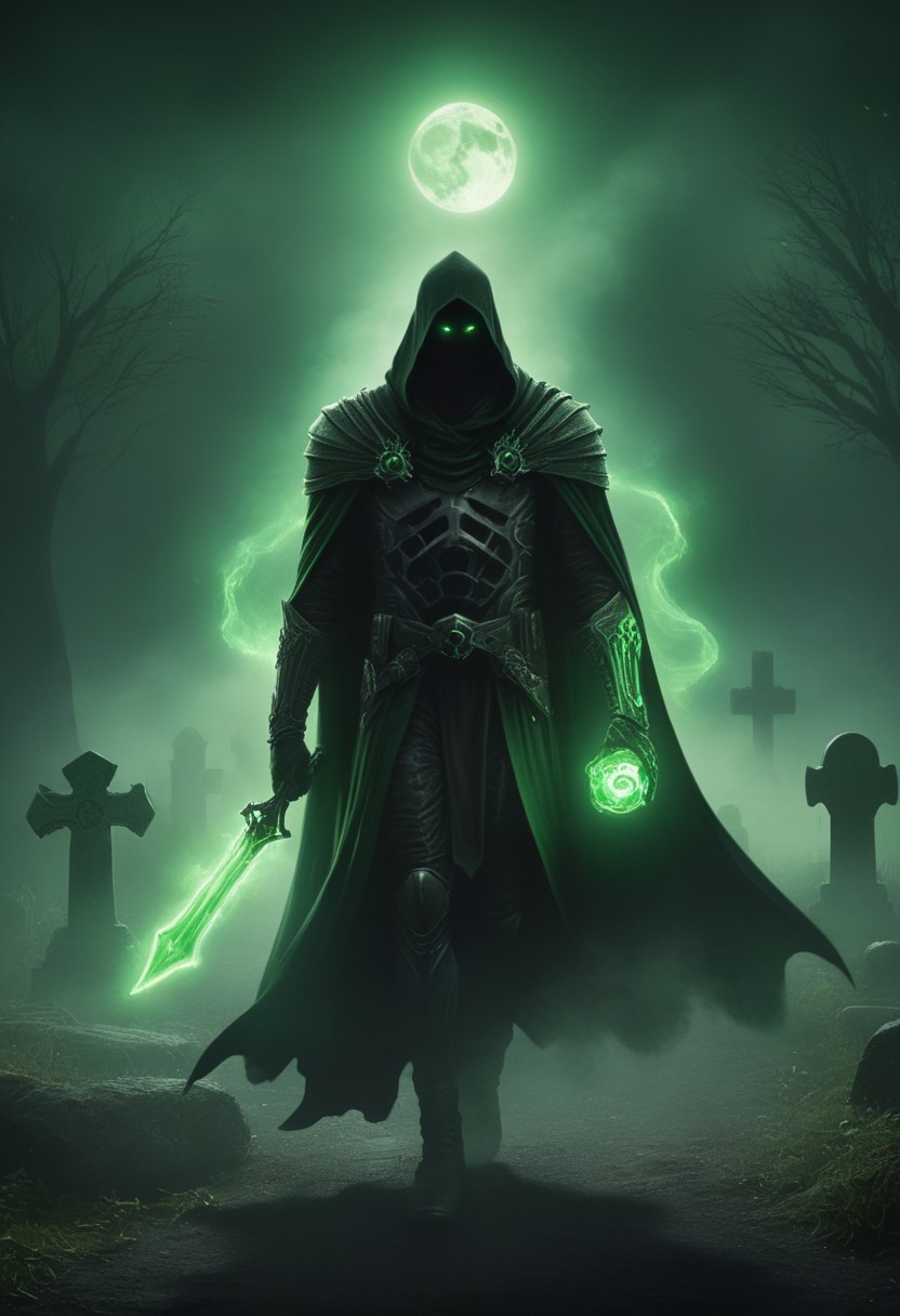 A Reaper holding a green glowing sinn on his shoulder, black and dark green armor, , walking, graveyard background, black cape, fog, dark scene, cinematic, FredFraiStyle
(8k uhd:1,4)
<lora:add-detail-xl:1>
<lora:WildcardX-XL-Detail-Enhancer:1>
<lora:MJ52:0.375>
<lora:CinematicStyle_v1:0.42>