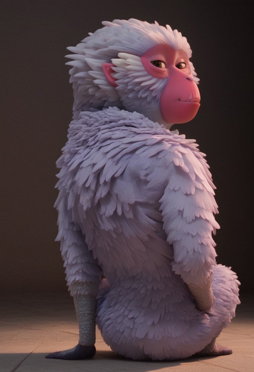 1girl, furry, female japanese macaque, ape, primate girl, anthro, white fur, dark pink skin, pink ears, brown eyes, grey hands, grey feet, Expressiveh, realistic, 3d, score_8_up, score_7_up, BREAK, 1girl, solo, looking at viewer, cute, smiling, smug, from behind, looking back, female focus, looking at viewer, detailed background, 4k, masterpiece, best quality, highly detailed, 3d, full shot, full body,