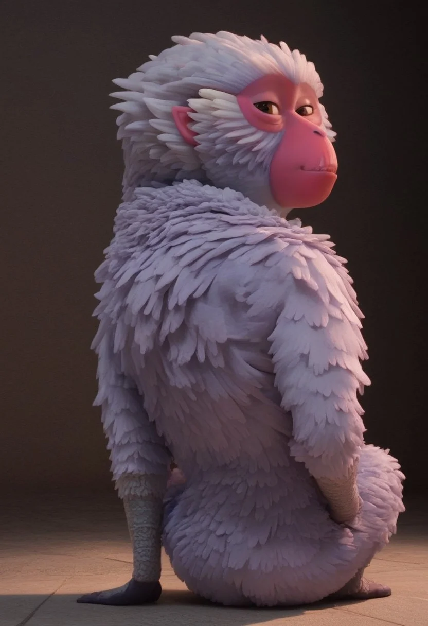 1girl, furry, female japanese macaque, ape, primate girl, anthro, white fur, dark pink skin, pink ears, brown eyes, grey hands, grey feet, Expressiveh, realistic, 3d, score_8_up, score_7_up, BREAK, 1girl, solo, looking at viewer, cute, smiling, smug, from behind, looking back, female focus, looking at viewer, detailed background, 4k, masterpiece, best quality, highly detailed, 3d, full shot, full body,