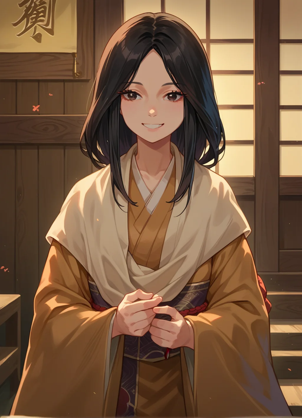 score_9, score_8_up, score_7_up, source_anime, indoors, 1girl, standing, smile, black hair, divinechild, japanese clothes, <lora:divinechild:0.8>