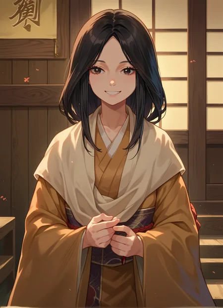 score_9, score_8_up, score_7_up, source_anime, indoors, 1girl, standing, smile, black hair, divinechild, japanese clothes, <lora:divinechild:0.8>