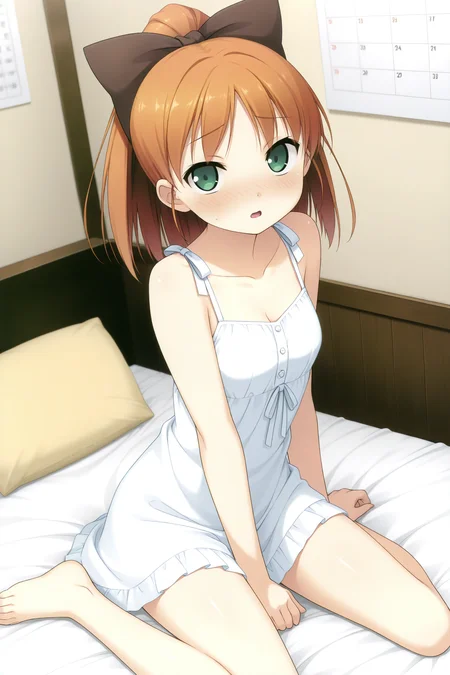 masterpiece, best quality, absurdres, official art, official style, rating general BREAK <lora:minagawayuuhi_IL_v1-1:0.7>, minagawa yuuhi, 1girl, solo, open mouth, green eyes, brown hair, orange hair, short hair, high ponytail, wide ponytail, hair bow, black bow, medium breasts, small breasts, white sundress, short dress, sleeveless dress, collarbone, bare shoulders, bare arms, bare legs, barefoot, wariza, embarrassed, closed mouth, dutch angle, half-closed eyes, torogao, raised eyebrows, looking at another, indoors, bed, bed sheet, on bed, nose blush, arm support, shadow, blurry, calendar