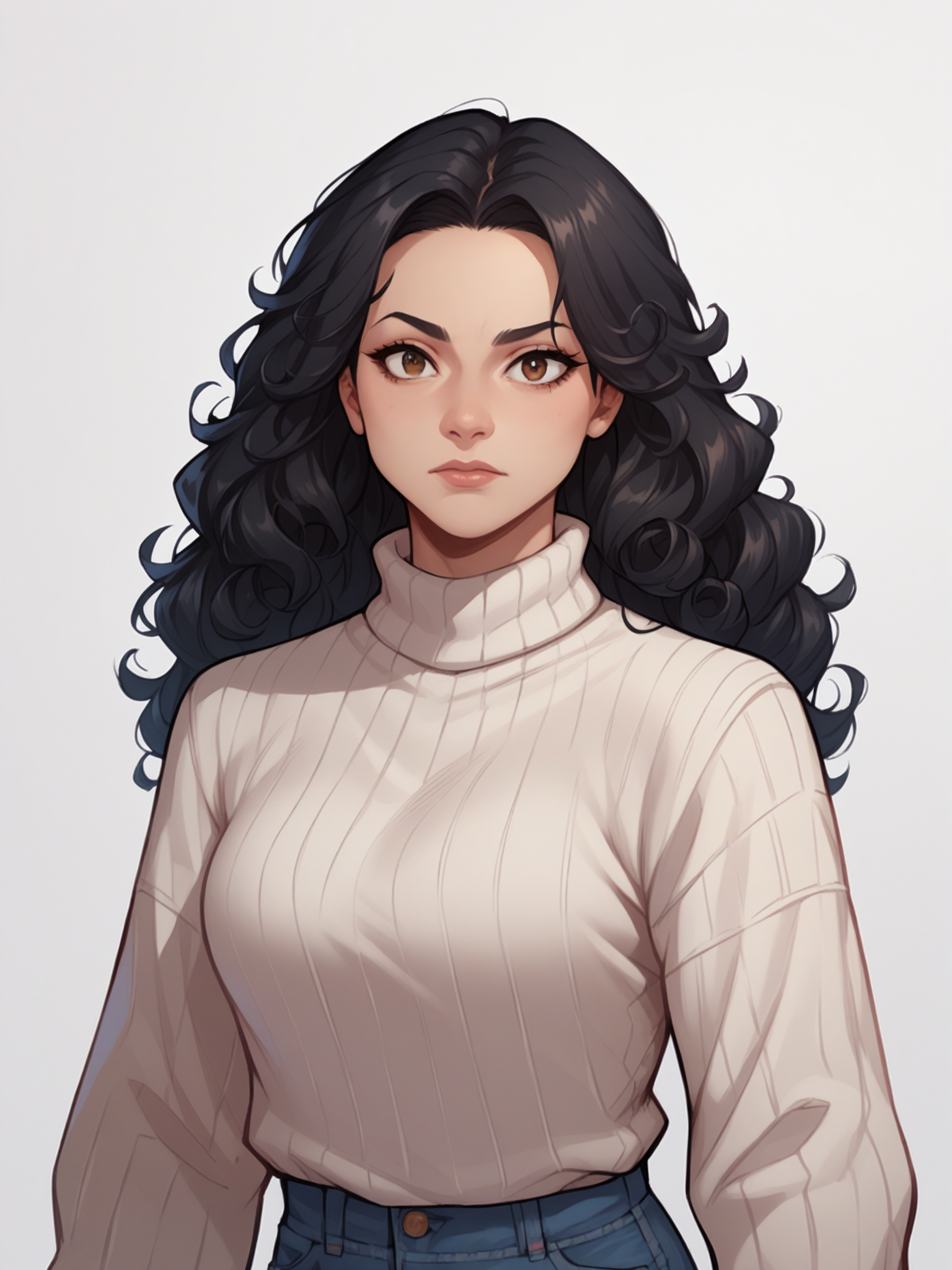 score_9, score_8_up, score_7_up, score_6_up, 1girl, black hair, long hair, curly hair, brown eyes, white thick knit sweater, jeans, upper body, simple background, (Al Rio), <lora:AL_Rio_Pony_v1.0:0.9>