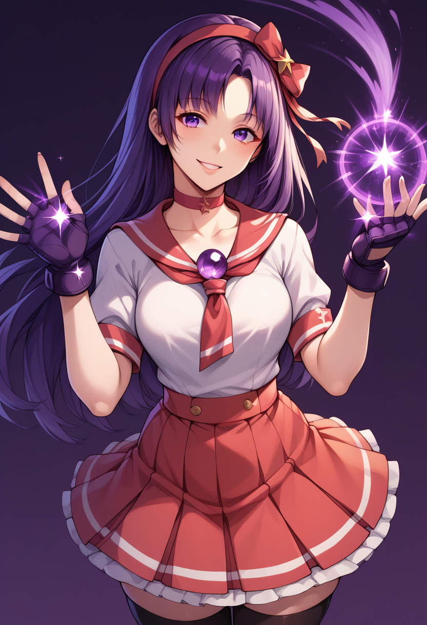 score_9, score_8_up, score_7_up, score_6_up, source_anime BREAK  <lora:AthenaXIV-000005:1>,  AthenaKOFXIV, red hairband, rec hair ribbon, purple eyes, purple hair, red choker, serafuku,pearl (gemstone), short sleeves, red skirt, fingerless gloves,black  thighhighs,  purple background, seductive smile, open hands, purple magic,