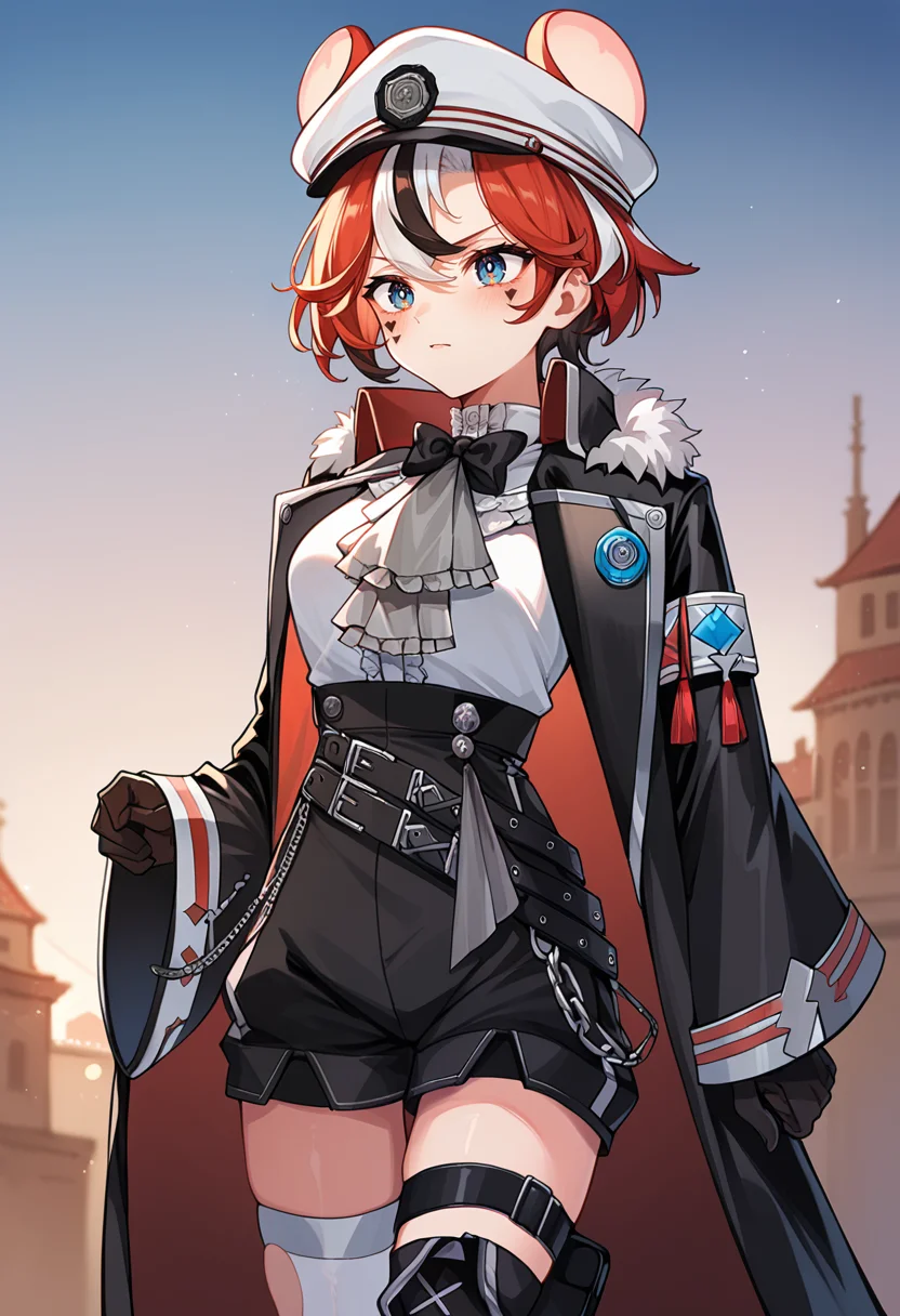score_9,score_8_up,score_7_up,
1girl, hakos baelz, short hair, flipped hair, long sidelocks, breasts, mouse ears, white peaked cap, white frilled shirt, center frills, black bowtie, grey ascot, black half gloves, black shorts, high-waist puffy suspender shorts, black belt, belt chain, single thighhigh, torn legwear, white thighhigh, thigh strap, fur-trimmed coat, black coat, wide sleeves, aiguillettes, single thigh boot, facial mark,
outdoors, cowboy shot, solo,
<lora:baelzponyxl6:1>