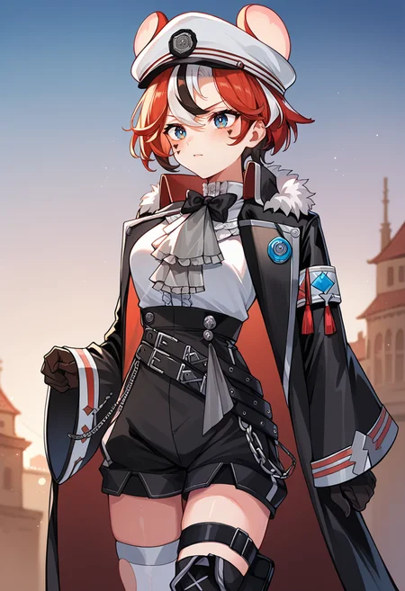 score_9,score_8_up,score_7_up,
1girl, hakos baelz, short hair, flipped hair, long sidelocks, breasts, mouse ears, white peaked cap, white frilled shirt, center frills, black bowtie, grey ascot, black half gloves, black shorts, high-waist puffy suspender shorts, black belt, belt chain, single thighhigh, torn legwear, white thighhigh, thigh strap, fur-trimmed coat, black coat, wide sleeves, aiguillettes, single thigh boot, facial mark,
outdoors, cowboy shot, solo,
<lora:baelzponyxl6:1>