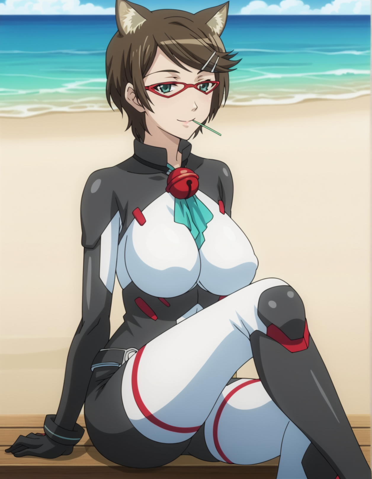 1girl, anime screencap, <lora:VexVexX_Durel_PONYXL:1>, Durel, short hair, brown hair, swept bangs, hairclip, hair ornament, green eyes, animal ears, cat ears, cat tail, lollipop, red-framed eyewear, large breasts, deep skin, skindentation, seductive smile, detailed skin, glossy skin, bodysuit, bell, thighhighs, gloves, belt, cowboy shot, from side, sitting, hands behind back, legs together, thighs together, knee up, looking at viewer, outside, beach, ocean, palm trees