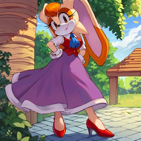 score_9, score_8_up, score_7_up, score_6_up, score_5_up, score_4_up, (Source sonic), (rating safe), vanilla the rabbit, 1girl, solo, outside, wearing purple dress, red vest high heels, blue ascot, large breasts, brown eyes, looking at viewer, standing, outside, trees, fall weather, <lora:Vanilla the rabbit xl :1>, wide hips, rabbit girl, short hair, body fur, hands on hips, anime style