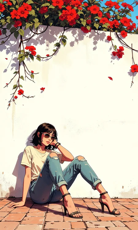 The image shows a person sitting on the ground against a white wall, with a vine of red flowers hanging above them. The individual is wearing a light-colored top and ripped jeans, paired with high-heeled sandals. They have their legs crossed and are leaning back against the wall, with one arm resting on their knee and the other hand near their face. The person is also wearing sunglasses and has a bracelet on their wrist.
The setting appears to be outdoors, possibly in a garden or courtyard, as indicated by the brick pavement and the presence of the flowering vine. The overall atmosphere of the photo is relaxed and casual, with the vibrant red flowers adding a pop of color to the scene. The lighting suggests it might be daytime, with natural sunlight illuminating the area.
BREAK anime, bboil artist style, <lora:FLUX\Synesthesia:0.2>, <lora:FLUX\RetroAnimeS1.1:0.4>, <lora:FLUX\Flux-jijia:0.1>, <lora:FLUX\RM_Artistify_v1.0M:0.1>, <lora:FLUX\Organic Sauce - FLUX:0.6000000000000001>, <lora:FLUX\It's a LoRA for portraits, BUT! actually specialized in backgrounds. v1.0:0.30000000000000004>, <lora:FLUX\Dieselpunk Delight - s0_9 g4:0.4>
