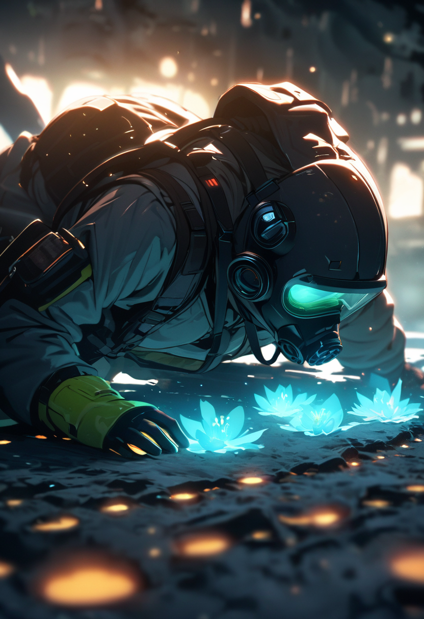 (best quality, 4k), future, 1girl, solo, close-up, from front, all fours, protective clothing, searching for traces, footprints, bioluminescent, detailed gas mask, flower, spore, deep glow effect, hdr, light particles, cinematic lighting, depth of field, blurry foreground,