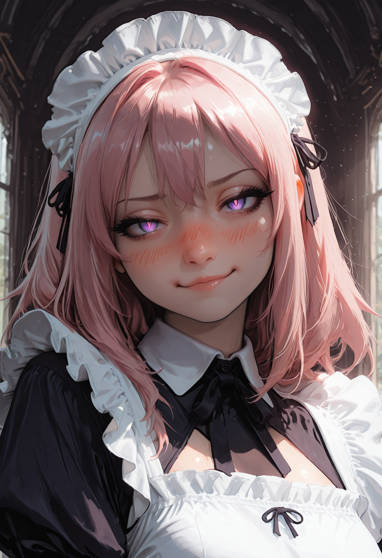 HDR, 8K, masterpiece, best quality, amazing quality, very aesthetic, absurdres, newest, (scenery, volumetric lighting),depth of field, 1girl,solo,,(album cover) , eyeliner,long pink hair, purple eyes, maid outfit, (by j.k. :1.3), realistic, nose, lips, 1girl, solo,portrait, upper body, looking at viewer, (head tilt:1.2), smug, nose blush, yandere, dark background, dark theme, glowing eyes, thick eyelashes, gesugao, slit pupils, masterpiece, best quality, amazing quality, very aesthetic,,sleek,   pout, vladivostok, historical, stream,day, smog,solo focus,(shiny skin:0.7),masterpiece, best quality, amazing quality, very aesthetic, absurdres, newest, (scenery, volumetric lighting),depth of field,  <lora:CivChan:1> <lora:nhl-002:0.5> nhl-002 <lora:nhl-003-naii:0.5>nhl-003<lora:nhl-004-wai:0.85>nhl-004