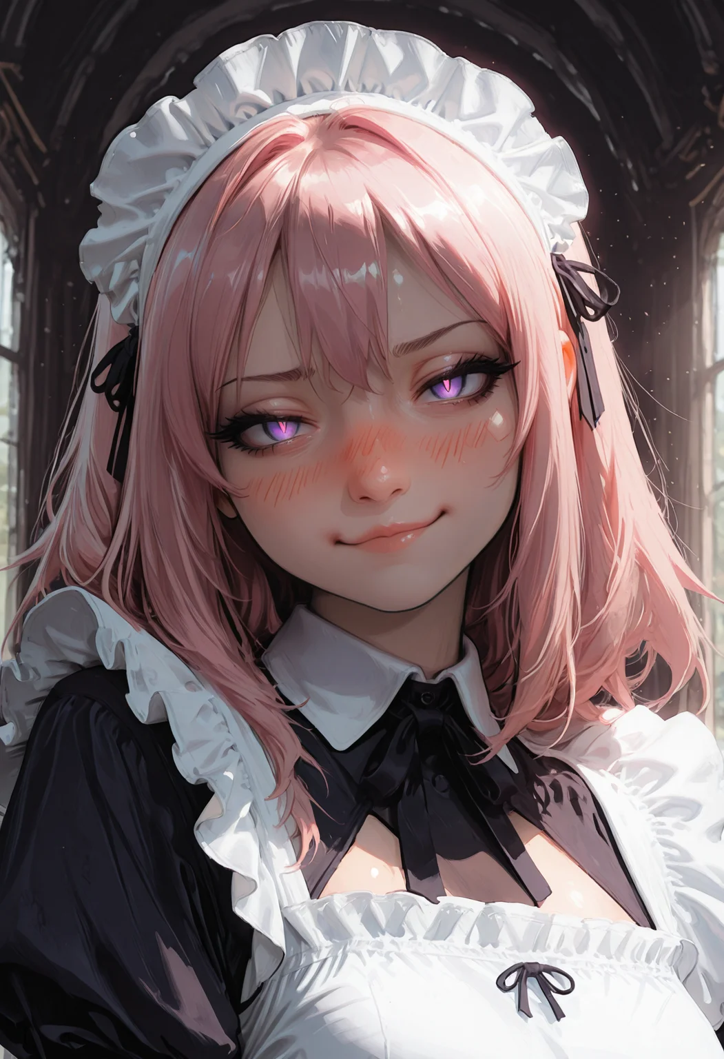 HDR, 8K, masterpiece, best quality, amazing quality, very aesthetic, absurdres, newest, (scenery, volumetric lighting),depth of field, 1girl,solo,,(album cover) , eyeliner,long pink hair, purple eyes, maid outfit, (by j.k. :1.3), realistic, nose, lips, 1girl, solo,portrait, upper body, looking at viewer, (head tilt:1.2), smug, nose blush, yandere, dark background, dark theme, glowing eyes, thick eyelashes, gesugao, slit pupils, masterpiece, best quality, amazing quality, very aesthetic,,sleek, pout, vladivostok, historical, stream,day, smog,solo focus,(shiny skin:0.7),masterpiece, best quality, amazing quality, very aesthetic, absurdres, newest, (scenery, volumetric lighting),depth of field, <lora:CivChan:1> <lora:nhl-002:0.5> nhl-002 <lora:nhl-003-naii:0.5>nhl-003<lora:nhl-004-wai:0.85>nhl-004