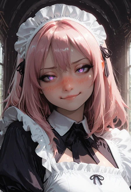 HDR, 8K, masterpiece, best quality, amazing quality, very aesthetic, absurdres, newest, (scenery, volumetric lighting),depth of field, 1girl,solo,,(album cover) , eyeliner,long pink hair, purple eyes, maid outfit, (by j.k. :1.3), realistic, nose, lips, 1girl, solo,portrait, upper body, looking at viewer, (head tilt:1.2), smug, nose blush, yandere, dark background, dark theme, glowing eyes, thick eyelashes, gesugao, slit pupils, masterpiece, best quality, amazing quality, very aesthetic,,sleek, pout, vladivostok, historical, stream,day, smog,solo focus,(shiny skin:0.7),masterpiece, best quality, amazing quality, very aesthetic, absurdres, newest, (scenery, volumetric lighting),depth of field, <lora:CivChan:1> <lora:nhl-002:0.5> nhl-002 <lora:nhl-003-naii:0.5>nhl-003<lora:nhl-004-wai:0.85>nhl-004